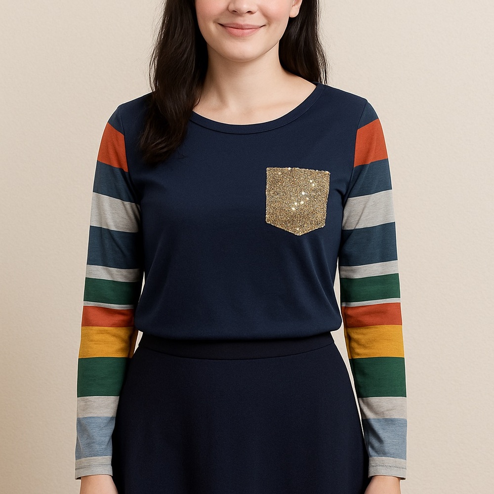 Colorful Striped Long Sleeve Top with Gold Pocket